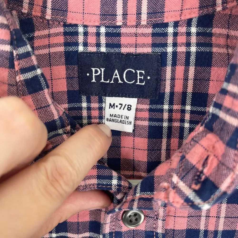Children's Place Boys Collared Shirt Size 7.8‎ Plaid Check Long Sleeve Pink